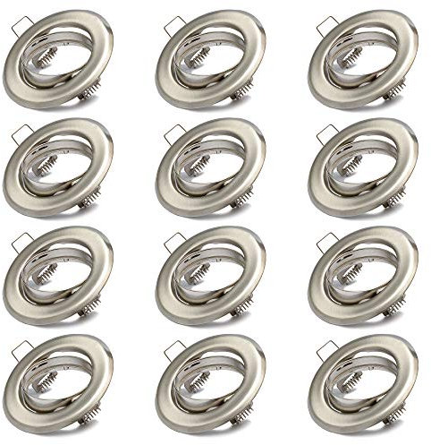 12x Einbaustrahler GU10 Set – 12 Stück Einbaurahmen in Edelstahl gebürstet Optik Inkl. GU10 Fassung für LED oder Halogen Leuchtmittel, 30° Schwenkbar, Rund