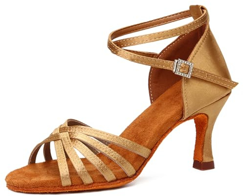 DKZSYIM Women's Satin Latin Dance Shoes Professional Ballroom Salsa Practice Performance Dancing Shoes,213-Beige-7,US 8