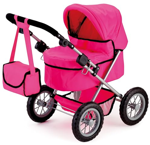 Bayer Trendy Doll Stroller, Hot Pink Toy Carriage for Kids, Foldable with Shoulder Bag & Storage Basket