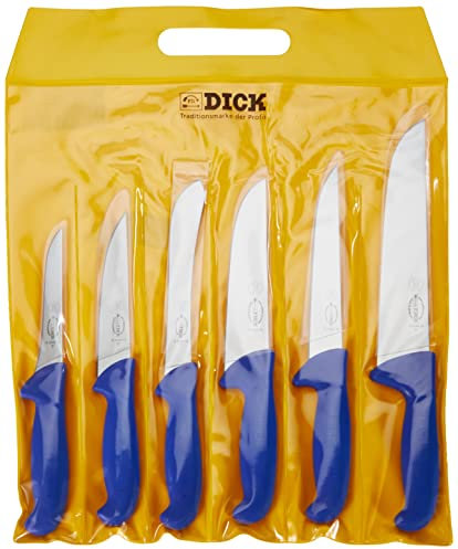 F. DICK Messer Set ErgoGrip 6-teilig (Blockmesser 18, 23 cm, Stechmesser 15, Sortiermesser 18 cm, Ausbeinmesser 13 cm, HRC 56°), Edelstahl, Blau, 36.4 cm