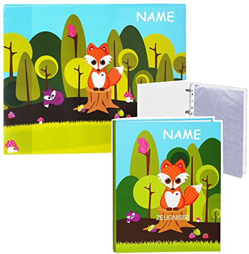 2 TLG. Set: Schreibtischunterlage & Ordner - Zeugnisse - Fuchs & Waldtiere incl. Namen - incl. Einsteckseiten - Ringbuch/Sammelordner - für Kinder und E..