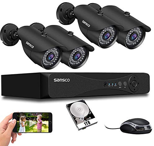 SANSCO 8 Channel CCTV Camera Systems, 2K DVR with 4x 5MP Security Cameras Outdoor, 1TB Hard Drive Disk (All Metal IP66 Rated, Continuous/Motion Recording, Instant Push Notifications + Email Alerts)