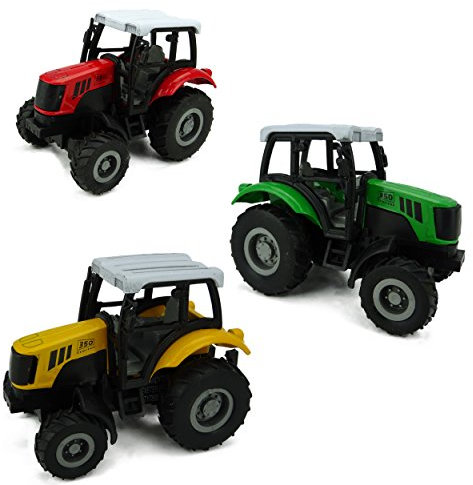 Toyland Pack of 3 - Die Cast Pull Back Tractor - Farm Toys - 1 Yellow, 1 Red, 1 Green Tractor
