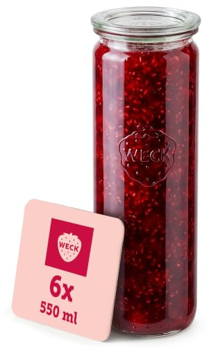 Weck Gläser 550ml – 6er Set mit Deckeln – Zylinderform – robuste, stapelbare Einkoch- & Einweckgläser - ideal für Meal Prep, Overnight Oats, Dessert & Marmelade – wiederverwendbar – Made in Germany