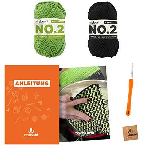 myboshi Häkelset Topflappen Toyokawa, inkl. No.2 Wolle, Nadel und Anleitung, Häkelpaket, 85% Baumwolle, 15% Kapok Grün, Schwarz, mit Häkelnadel