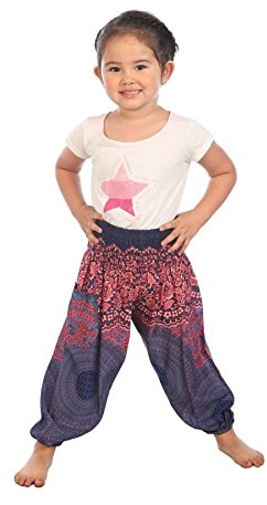 Lofbaz Hippie-boho-byxor för barn, Aladdin- eller piratbyxor, bohemiska säckiga byxor, Rosblomma mörkblå, 4 År