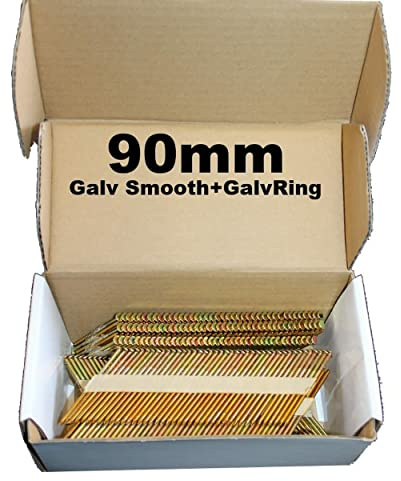 Mixed Pack 500 x 90mm Galv Ring + 500 x 90mm Galv Smooth Framing Nails,Clipped D-Head, for DEWALT 18v Cordless DCN692
