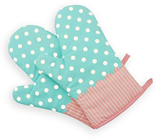 1 Paar Hitzebeständig Ofenhandschuhe Verdickte Hitzeresistente Topflappen Backhandschuhe aus Baumwolle und Polyester (3#) - Gepunktet Türkis