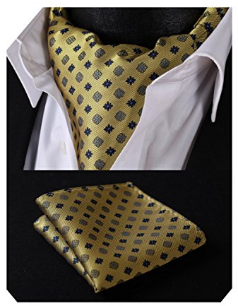 HISDERN Gold Cravats for Men Wedding Plaid Ascot and Handkerchief Classic Business Cravat Tie & Pocket Square Set