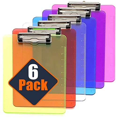 KAHEIGN 6Pcs A4 Presse-papiers En Plastique Transparent, 6 Couleurs Presse-papiers Porte-papier Tableau D'écriture Avec Clip à Profil Bas Et Bord D'échelle De Règle Pour Formulaire Mémo
