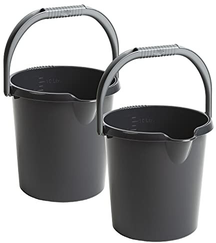 #11 2X Eimer mit Ausguss und Henkel - 10 Liter - schwarz - Putzeimer Haushalt Küche Bad Camping Kunststoff Eimer Haushaltseimer Wassereimer
