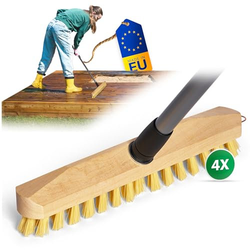 Novaliv 4X Scheuerbürste aus Holz mit PPN Borsten mit praktischen Teleskopstielen| Wischer mit Gewinde| robuste Scheuerbürsten| Boden-Bürste| für Innen- Außenbereich