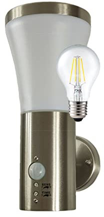 Dapo Hochwertige LED-Edelstahl-Außen-Wand-Leuchte-Lampe SIEGEN mit Bewegungsmelder Kunststoff-Schirm weiß, E27-6W 810lm H: 27cm, D: 7,5-12cm, IP44 (Mit Sensor und LED)