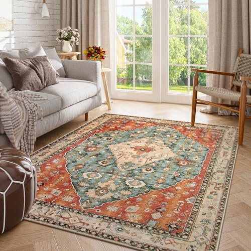 Lahome Boho Tribal Area Rug - 5x7 Large Washable Living Bedroom Rug Distressed Oriental Non-Slip Non-Shedding Print Floor Carpet for Dining Room Home,Rust/Dull Teal