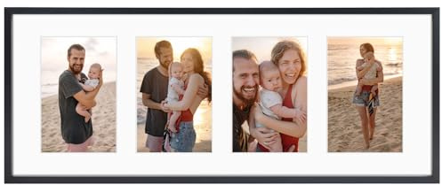 Golden State Art, 4x6 Aluminum Collage Frame, Displays 6x4 Pictures With 4 Openings Mat or One 8x20 Photo, Real Glass, Portrait/Landscape Wall Display, Black, 1 Pack