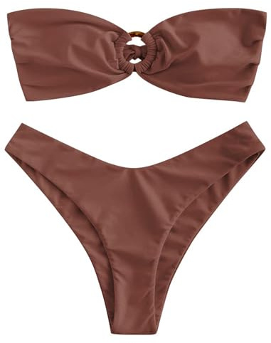 ZAFUL Women's Bandeau Bikini O Ring Strapless Tie Back High Cut Two Piece Swimsuit Bathing Suits (1-Coffee, M)