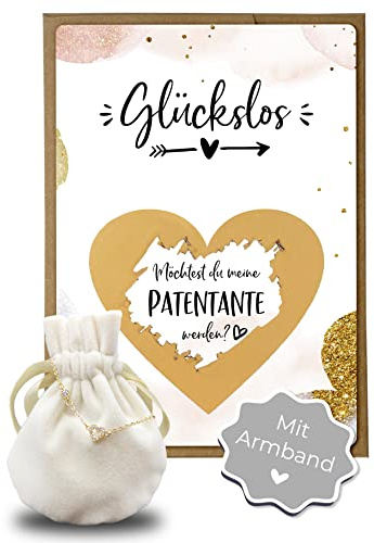 Joli Coon Patentante fragen Rubbellos mit goldenen Armband | 350g Designerpapier, fühlbare UV-Lack-Veredelung, 925 Sterling Silber, Zirkonia-Steinchen, für eine besondere Patenfrage