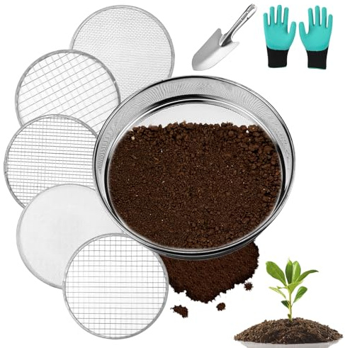 25cm Tamis De Jardin En Acier Inoxydable, Tamis De Jardin Rond, Tamis De Terre 5en1, Avec 5 Tamis Interchangeables Pour Le Jardin Le Sol Le Compost Le Sable - Avec Pelle De Jardin Gants De Jardinage