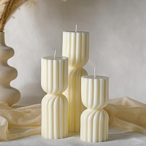Conelist Ribbed Pillar Candles Set of 3 Width 2.4 High 5.5 7 9 Handmade Scented Soy Wax Candle Natural Aesthetic Candles Housewarming Gift Decorative Candles for Home Decor(White)