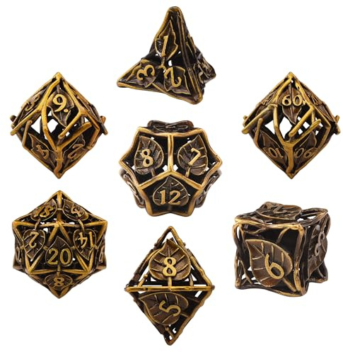 SIQUK 7 Stücke DND Würfel Set, Metall Würfel Spiel Polyedrische Würfel Hohles Spielwürfel Dungeons and Dragons Würfel für D&D MTG RPG（Antikes Gold）