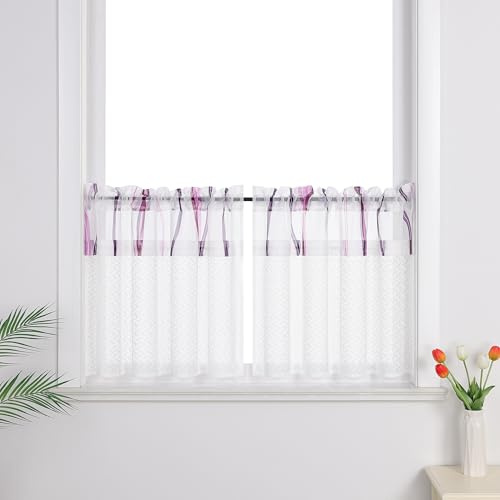 Joyswahl Scheibengardinen im Landhausstil Weiß Cáfe Gardinen Set Transparent Bistrogardinen Wohnzimmer Küchengardinen mit Spitze und Voile lila HxB 45x90cm 2 stück