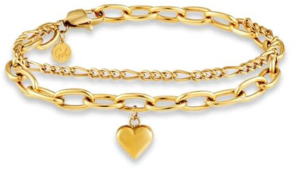 GD GOOD.designs Armband Herz für Damen Gold - Mehrreihiges goldenes Charms Armband in 18K vergoldet | Verstellbares Herz Charm Armkette(14,5cm - 19,5cm) - Figaro Kette, Panzerkette