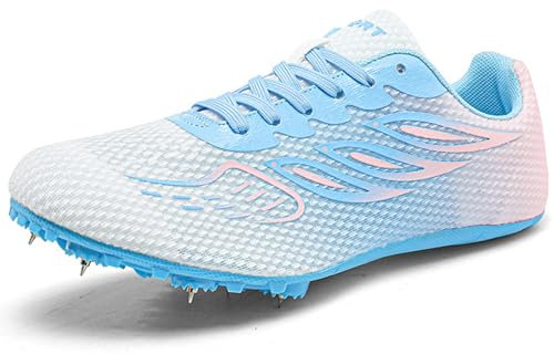 Hiuzylqx Zapatillas De Atletismo Hombres Y Mujere 7 Clavos Transpirables Antideslizantes para Running,Salto Largo,Training,Pink Blue,44 EU