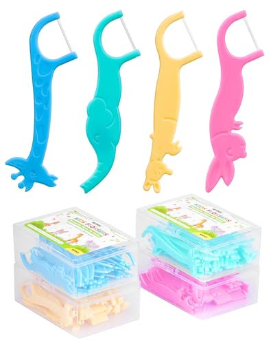 NETONDA Fil Dentaire Enfant 160 Pièces Fils dentaires Pour Enfants avec Poignée Adaptée aux Enfants 4 Couleurs avec Formes D’animaux - Sans Cire Sans Fluor (4 x 40 pièces)