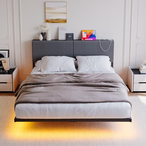 HOMERECOMMEND 4ft6 Double Bed Frame with USB Charging Station and LED Light,Floating Bed Frame with Storage Headboard,Upholstered Platform Bed Frame Double Size,Noise-Free Strong Slats,Dark Grey