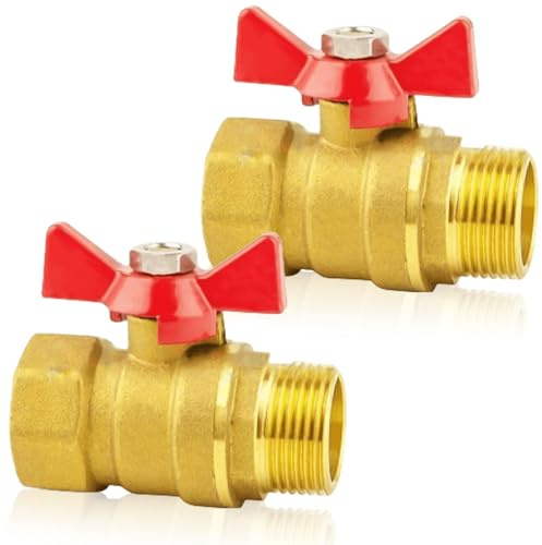 2 Stück Messing Kugelhahn 1 Zoll mit Flügelgriff, Messing Kugelhahn mit Rotem Flügelgriff1 IG/AG Aussengewinde/Innengewinde voller DN25 PN16 Durchgang für Wasserhahn Wasserleitungen (Brass)