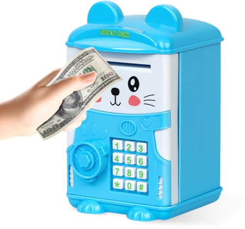 Flintronic Hucha Cajero Automatico Caja de Monedas, Hucha Caja Fuerte para Niños Niñas, Regalos Cumpleaños De Navidad para Niños 3-12 Años (Azul)