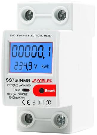 JOYELEC Contador de Energía Digital Monofásico, 230V 10 (60) A 50/60Hz, Medidor de Consumo Eléctrico Riel DIN con Pantalla LCD,Medición de Corriente Eléctrica,Función reestablecible