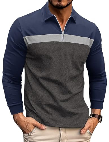 Volemo Men's Zip Polo Shirt Long Sleeve Golf Rugby Shirt | 1/4 Zip Polo , Raglan Stlyle, Contrast Colors, Collared Neck, Regular Fit, Casual & Golf T-shirt, S-2XL