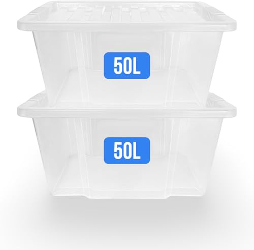 KAPCO Large Plastic Storage Boxes with Clear Lids (50L, 2 Pack) | Stackable Clear Container for Clothes, Toys, Garage, Home, Kitchen, Office | Heavy-duty Organiser Tub with Secure Lids