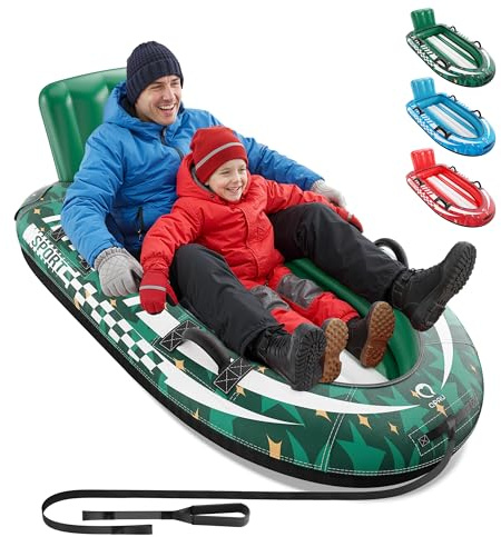 QPAU 2-Person Inflatable Snow Sled with Premium Canvas Cover, Heavy Duty Sled with Backrest & Reinforced Handles, Snow Tubes for Kids & Adults, Winter Inflatable Toys (Green)