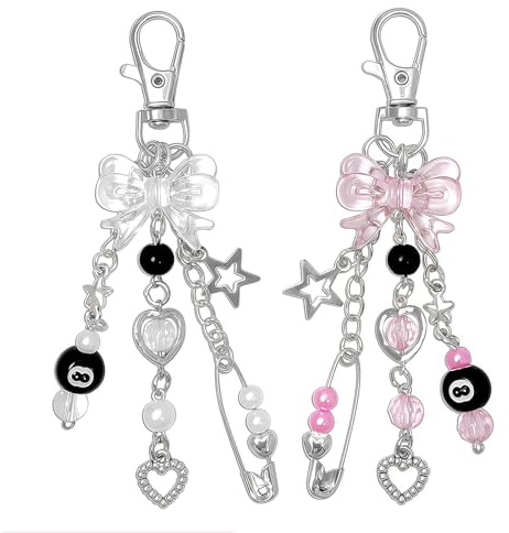 Vesavifaka Y2K Aesthetic Keychain Keyring Bag Charm for Women Cute Flowers Star Black 8 Ball Bow Keychins Charms Kawaii Bag Purse Decor