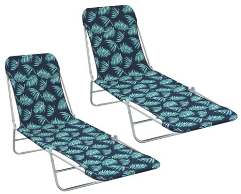 Frdhee Chaise longue, chaise longue de plage, chaise de relaxation, chaise de plage, fauteuil de relaxation, chaise longue, transats pliants 2 pièces. Acier et tissu motif feuille pour terrasse