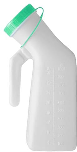 1 Pack Male Urinal Bottle with Glow in The Dark Screw Cap, 1000mL/33oz Spill Proof Plastic Mens Bedpan Bottle for Travel & Urine Collection, Measuring Scale & Easy Grip Handle(Green)