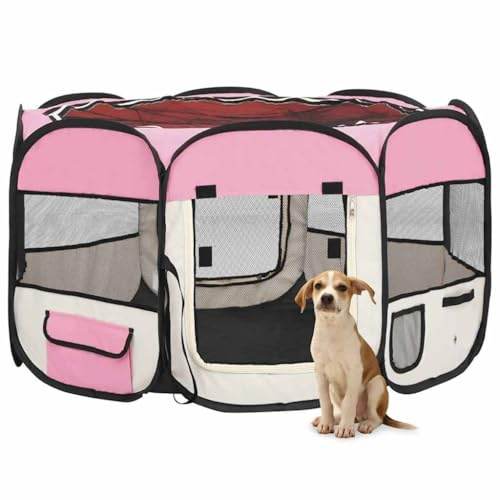 Nqyjm Faltbarer Welpenlaufstall mit Tragetasche Rosa 110x110x58 cm Welpenlaufstal, Welpenauslauf für Haustiere Hund Katze