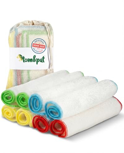tom&pat® Bambus Tücher zum Spülen & Reinigen ohne Mikroplastik • 8er Set • 4 Farben zur Trennung • streifenfreier Glanz als Spültuch oder Fenstertuch • für Küche, Bad, Möbel, WC • Dermatest sehr gut