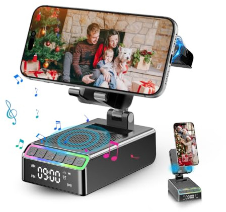 Phone Stand with Bluetooth Speaker & Clock, Gifts for Men Women, Birthday Gifts for Him, 9-in-1 Design Induction Speaker, Anti-Slip Base, Phone Holder with Wireless Speaker, Tech Gadgets Gift for Men