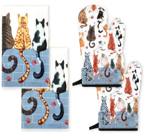 Arquiel Katze Ofenhandschuh und Topflappen 4er-Set Baumwolle | Baumwoll-Küchenset mit Katze-Motiv, hitzebeständig und praktisch zum Kochen, Backen und Grillen.