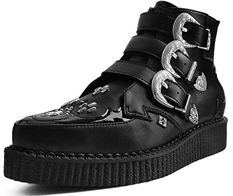 T.U.K. Black TUKskin Western Buckle Pointed Creeper Boots for Men & Women, Low Platform Boot, US 15 Women/13 Men