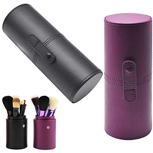 Yueser 2 Stück Make-up-Pinselhalter PU Leder Pinsel Cosmetic Organizer Stand Up Brush Holder Cup Bag für Reise Aufbewahrung - Schwarz,Lila