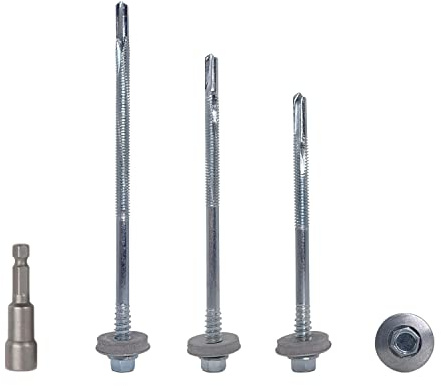 Paquete de 40 tornillos autoperforantes de cabeza hexagonal de acero al carbono de 5,5 x 100 mm con arandelas EPDM para fijar paneles sándwich (40, 5,5 x 100 mm)