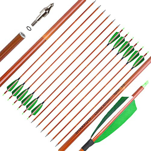 SHARROW Carbonpfeile 32 Zoll Carbonpfeile für Bogenschießen Spine 500 Carbon Pfeile Carbon Jagdpfeile mit 4 Zoll Natürliche Federn Pfeile für Pfeil Bogen Recurvebogen Compoundbogen