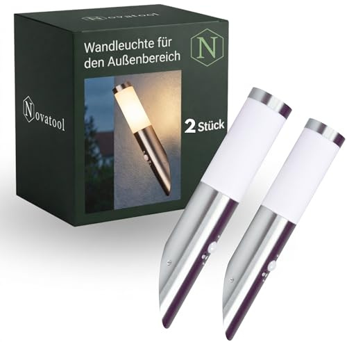 Novatool 2x Wandleuchte Aussen Edelstahl mit Bewegungsmelder I IP44 I E27 Sockel I Ø7x8H36 cm I Außenlampe Balkon Außenleuchte Außenbeleuchtung Haus Wandleuchte Aussenbeleuchtung Gartenleuchte