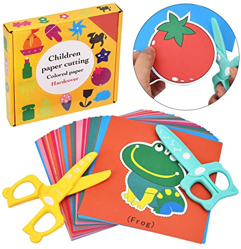 DealKits Kinder Papierschnitt Set, 2 Stück Kinder Sicherheit Schere + 48 Blatt Papier, Lustiges Papierschneid-Aktivitätsset Vorschule Kindergarten Kita Spaß DIY Lernspielzeug Pädagogisches Spielzeug