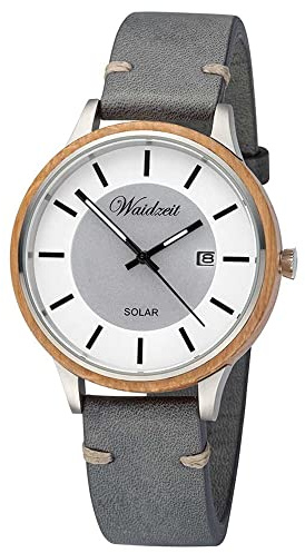 Waidzeit SLB02 Solaruhr Barrique Uhr Herrenuhr Leder 3 bar Analog Datum grau