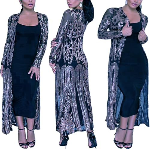PROMLINK Cardigan con paillettes Duster Sparkly Blazer giacche lunghe per le donne da sera, Navy, XL